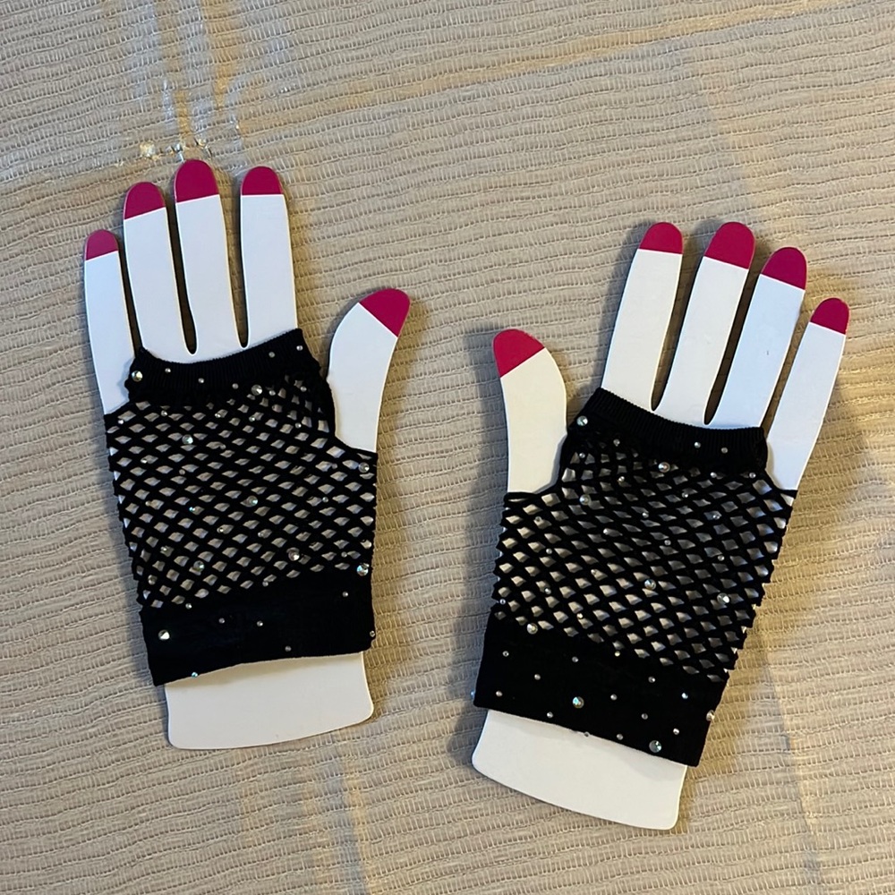 Madonna 80s inspired black fishnet fingerless gloves with sparkle